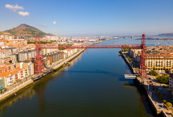 Fototapeta premium Aerial view of Bizkaia suspension Bridge in Portugalete, Spain