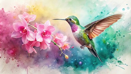 Fototapeta premium Watercolor painting of a hummingbird flying with pink orchid flowers and paint splash effect