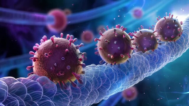 Tumor microenvironment background with cancer cells, T-Cells, nanoparticles, molecules and blood vessels. Oncology research concept. Cancer awareness month, week
