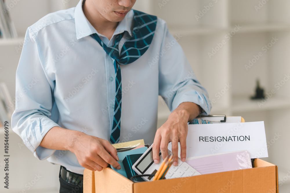 Wall mural a man with a disheveled tie is packing a box labeled 