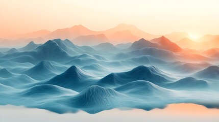 A serene abstract landscape showcasing undulating blue mountains under a soft, warm sunrise, creating a tranquil and dreamy atmosphere.