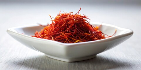 Fototapeta premium Saffron threads in a white porcelain dish next to a tilted mortar