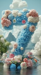 Blue Furry Number 7 with Flowers and Clouds in a Surreal Setting