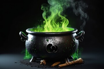 witch Cauldron on green fire, magic cauldron, fiery pot, Halloween illustration
