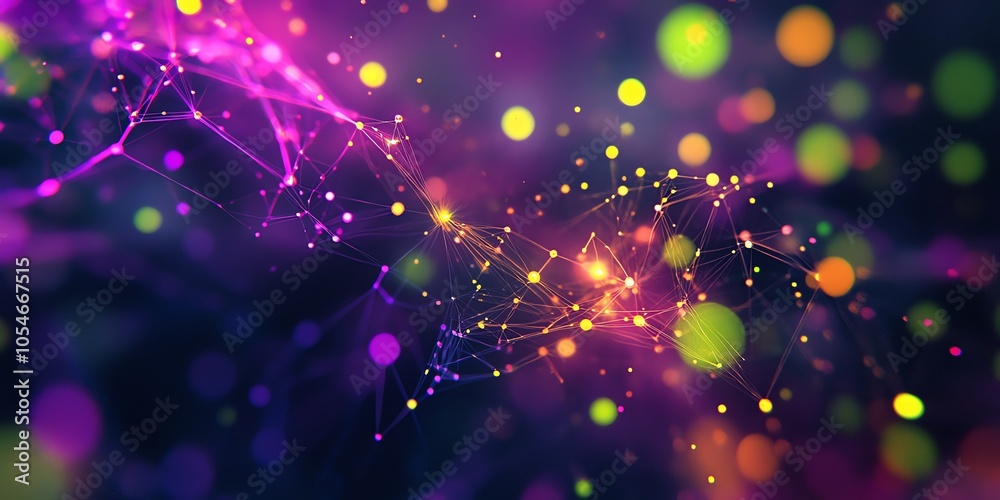 Poster Abstract purple and yellow bokeh background with glowing particles and connected lines.