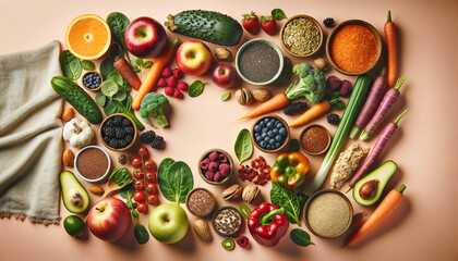 Selection of healthy, clean eating foods on a soft peach background. The assortment includes a variety of fruits and vegetables. Copy cpace. Healthy concept. Design. 