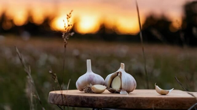 Fresh garlic bulbs and cloves on a wooden board, set against a sunset backdrop.