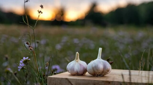 Two garlic bulbs on a wooden surface with a scenic sunset in a field.