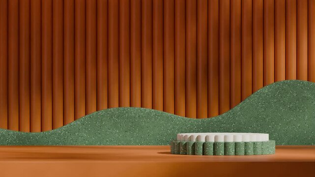 scene template white cylinder podium of with seamless shadow animation looping orange texture wall and green terrazzo, rendering 3d footage