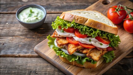 Sandwich with chicken, bacon, ranch dressing, tomato, and lettuce from above