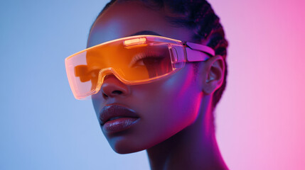 striking portrait of woman wearing futuristic orange sunglasses, showcasing blend of modern fashion and vibrant colors. lighting creates captivating atmosphere