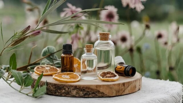 A serene display of essential oils and dried citrus on a wooden platter amidst a floral backdrop.