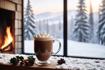 Christmas tree and fireplace with holiday decorations, cozy home interior with warm fire and drinks, winter atmosphere with a cup of coffee and candle on a table