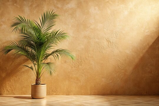 Sandy beige terracotta background with palm and light reflections on the wall Wide-Angle