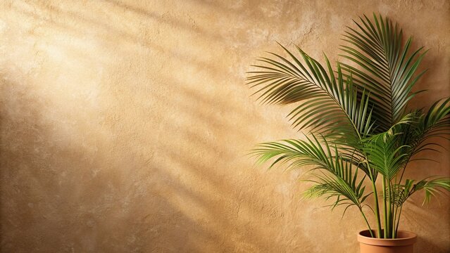 Sandy beige terracotta background with palm and light reflections on the wall