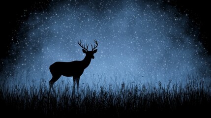 A stag silhouette stands tall in a field of grass under a starry night sky.