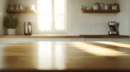 bright and airy kitchen featuring clean wooden surface, illuminated by natural light streaming through window. modern design creates warm and inviting atmosphere