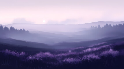 Fototapeta premium Realistic foggy landscape of a moor, with mist rolling over the heather-covered hills and a soft, eerie light. Misty Moorlands. Illustration