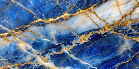 Sapphire blue and white marble stone with gold vein textures geode background macro