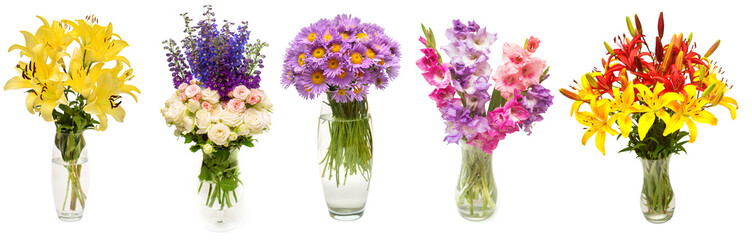 Set flower gladiolus, delphinium, rose, lily, aster bouquet in a vase isolated on white background. Beautiful still life. Spring time. Flat lay, top view