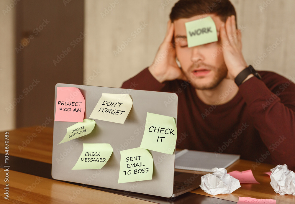 Poster sleepy manager guy at laptop having sticky notes everywhere tired of work multitasking at workplace 