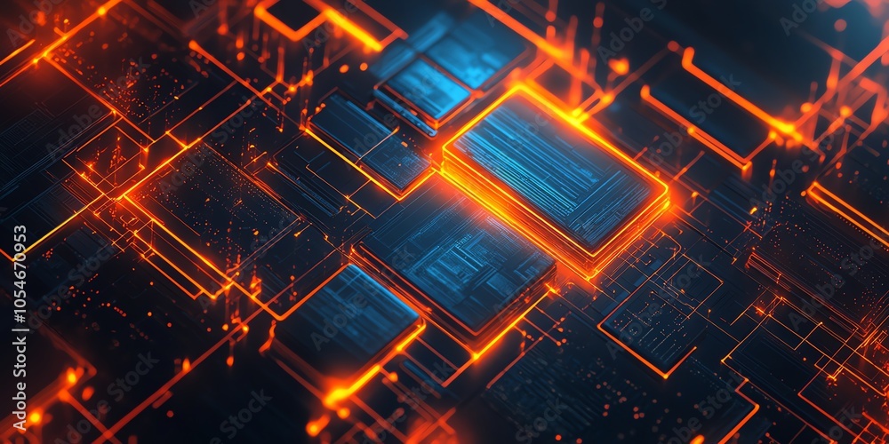 Poster abstract digital background with glowing orange lines and blue squares.