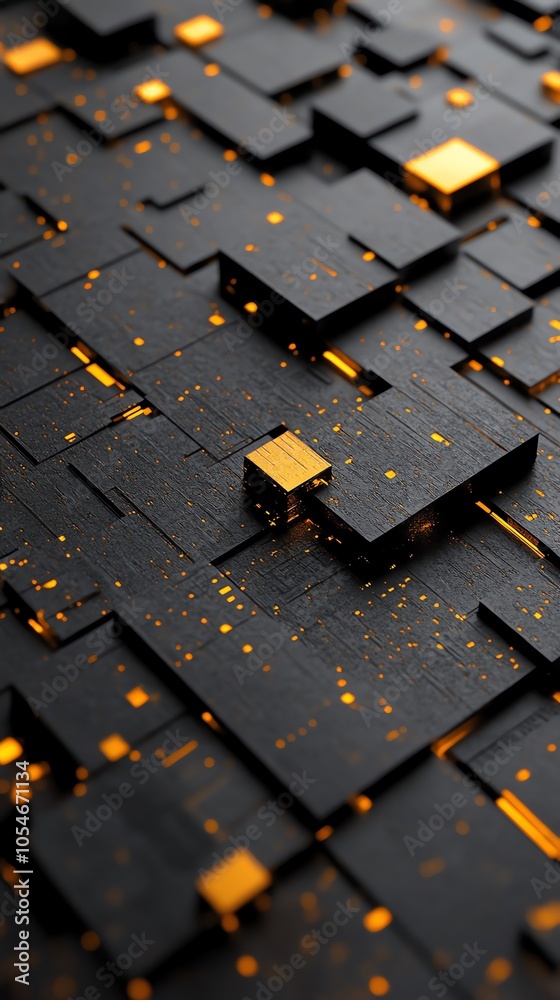 Poster abstract black and gold geometric background with glowing edges and squares.