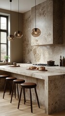 Modern Kitchen Island with Marble Countertops and Pendant Lights