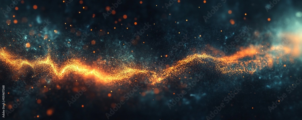 Poster abstract cosmic energy flow with glowing particles in dark space