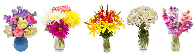 Set flower peony, gladiolus, dahlia, lily, yarrow bouquet in a vase isolated on white background. Beautiful still life. Spring time. Flat lay, top view