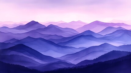 Obraz premium A stunning landscape showcasing rolling purple mountains at dawn, with soft gradients of lavender and deep violet creating a peaceful and serene atmosphere.
