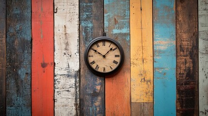 Vintage Clock Hanging on Multicolored Weathered Wood Wall
