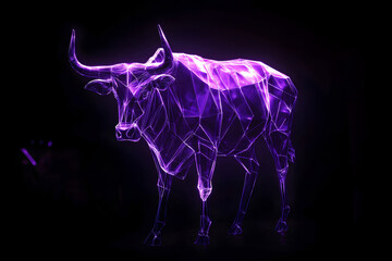 Obraz premium An avant-garde neon purple zebu accented with abstract geometric patterns isolated on a dark background --ar 3:2 --s 50