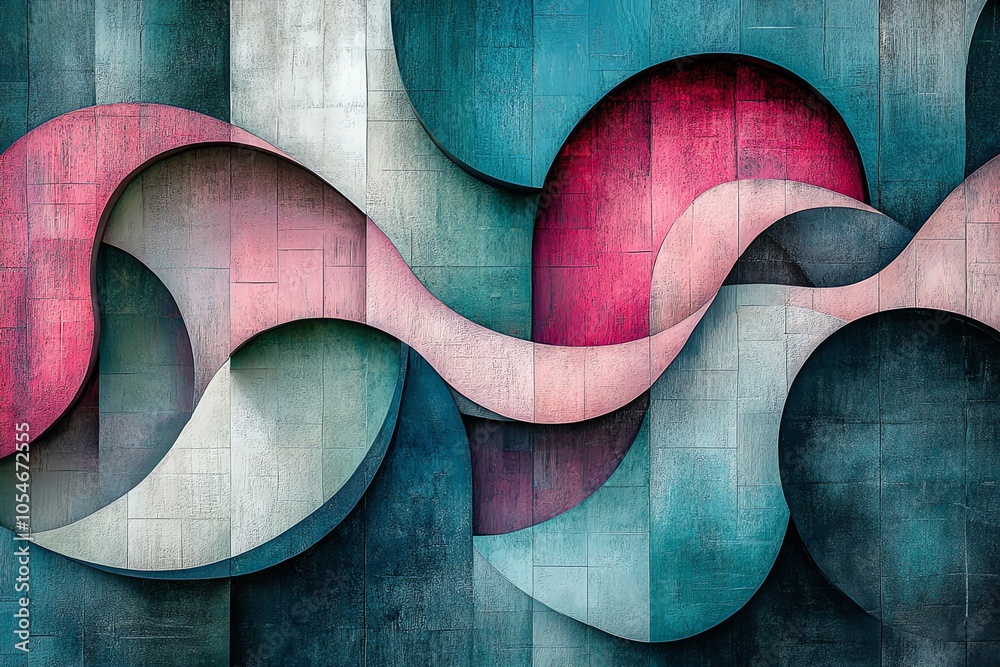 Poster Abstract geometric pattern of overlapping curves in blue, red, and grey on a textured surface.