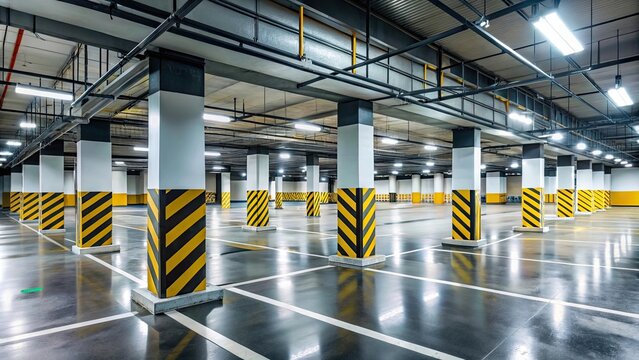 Well-lit underground parking garage with clear markings and yellow-black striped pillars, parking, garage, underground