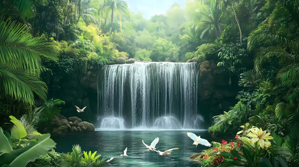Serene, tropical paradise with a cascading waterfall, lush vegetation, and exotic birds, realistic, idyllic escape. Tropical Waterfall. Illustration