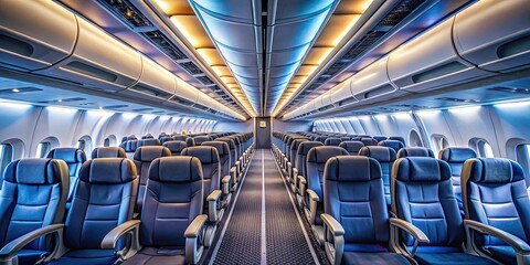 Fototapeta premium Empty airplane aisle with rows of seats, overhead compartments, and bright lights, airplane, aisle