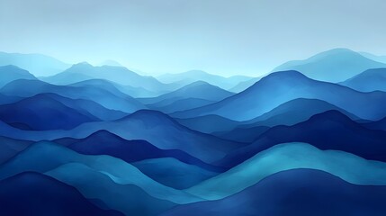 A serene landscape of rolling mountains in various shades of blue, creating a calming atmosphere. The soft gradients evoke a sense of tranquility and depth.