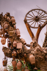 The clay vases on the tree as a street decoration in Kashgar old Town, Xinjiang, China