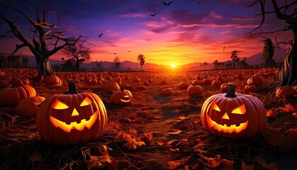 Pumpkin Patch with Glowing Jack-O&rsquo;-Lanterns. A festive Halloween background featuring a pumpkin patch filled with glowing jack-o'-lanterns. 