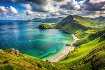 Fototapeta premium Scenic coastline with mountains, grassy slope, and emerald water from a high angle view.