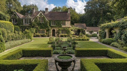 A classic English countryside manor with sprawling gardens, ivy-covered walls,