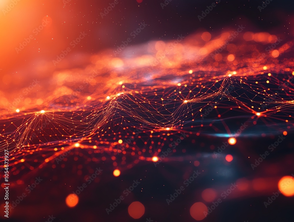 Fototapete Abstract background of a glowing red network with connected dots and lines.