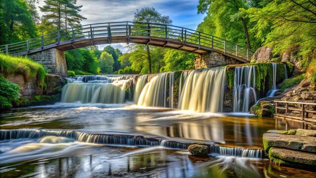Scenic footbridge over river waterfalls on Tanew River
