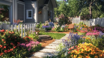 Obraz premium cozy front yard garden with a cottage-like feel, featuring a picket fence, wildflowers