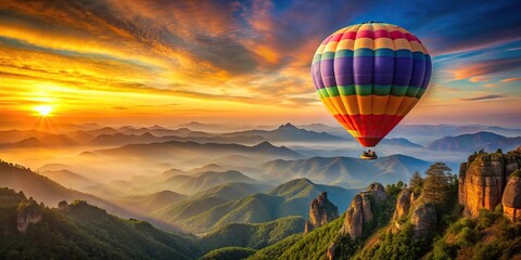 Fototapeta premium Scenic hot air balloon ride over sunrise mountains