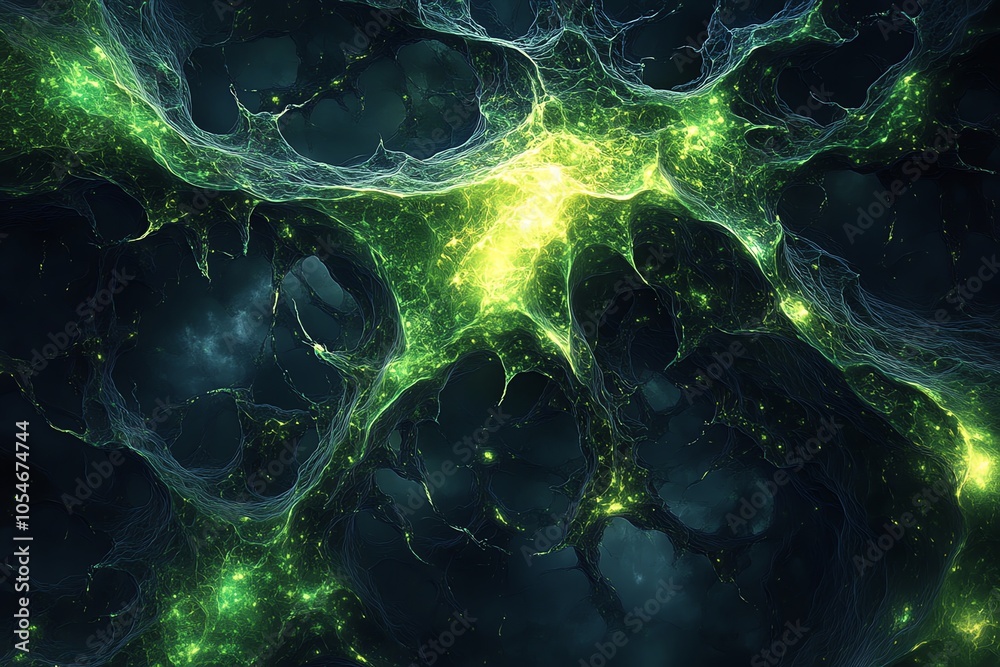 Poster Abstract green and yellow fractal pattern resembling a glowing neural network.