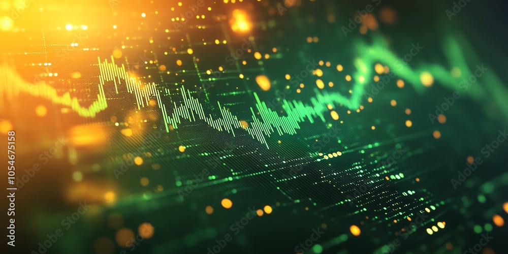 Poster Abstract green and orange data flow graph with bokeh effect.