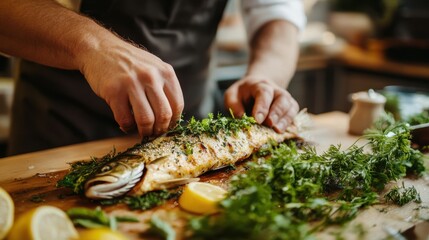 A German chef crafting a traditional German fish dish, such as baked trout with fresh herbs