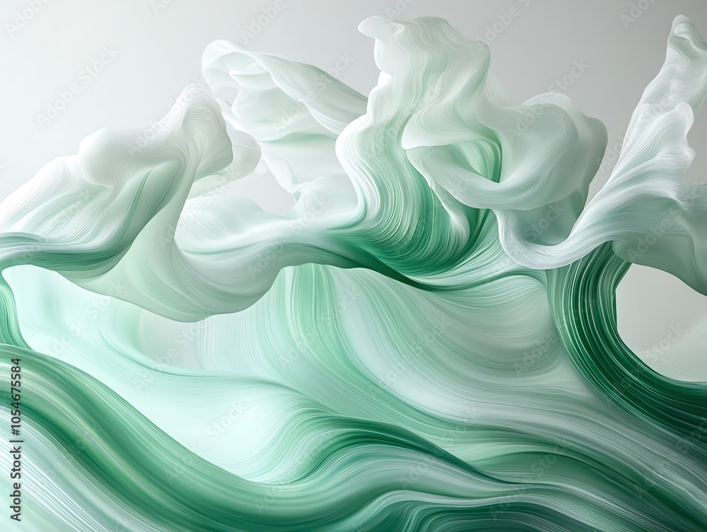 Poster abstract green and white flowing lines on a white background.